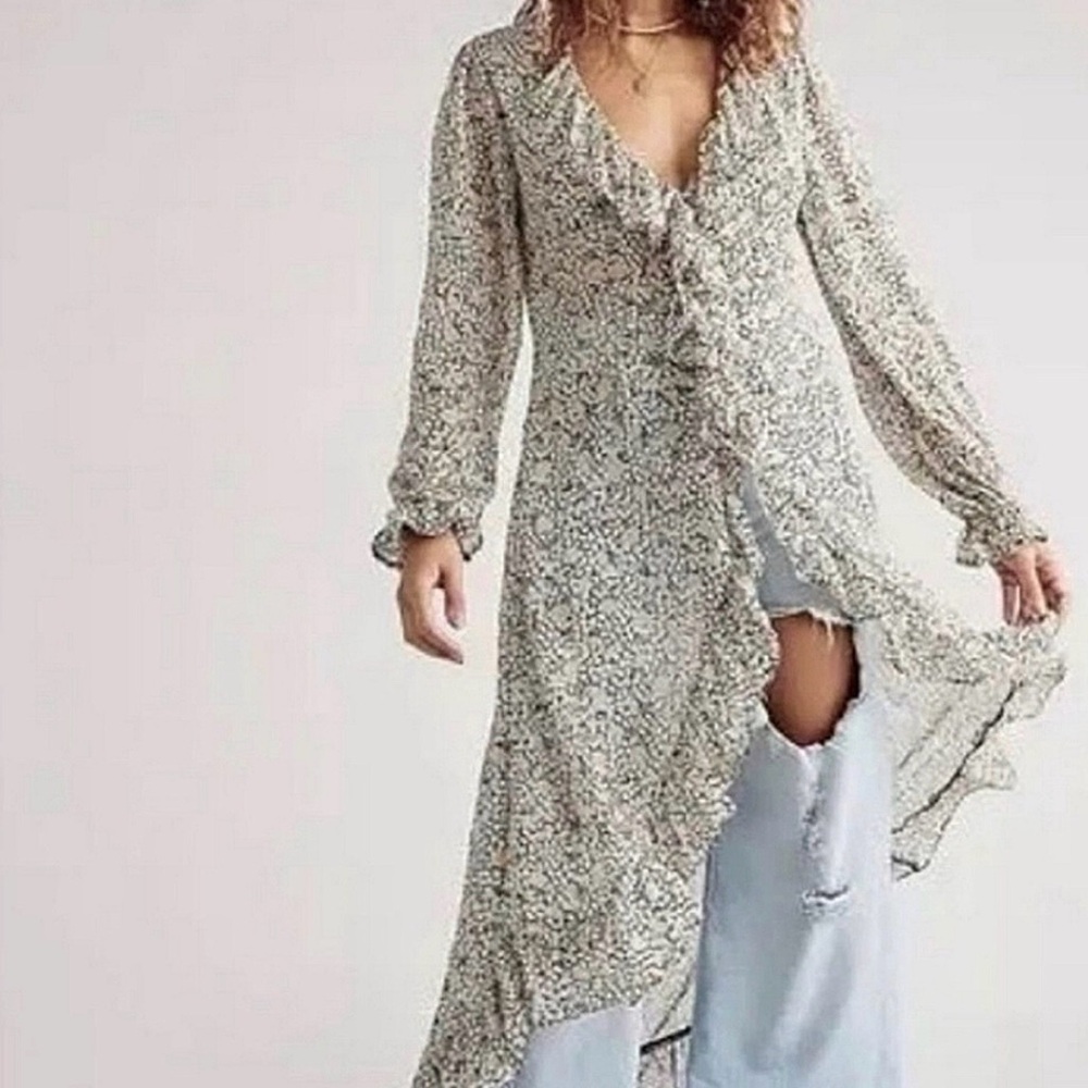 Free People Sheer Floral Ruffle Long Sleeve Maxi